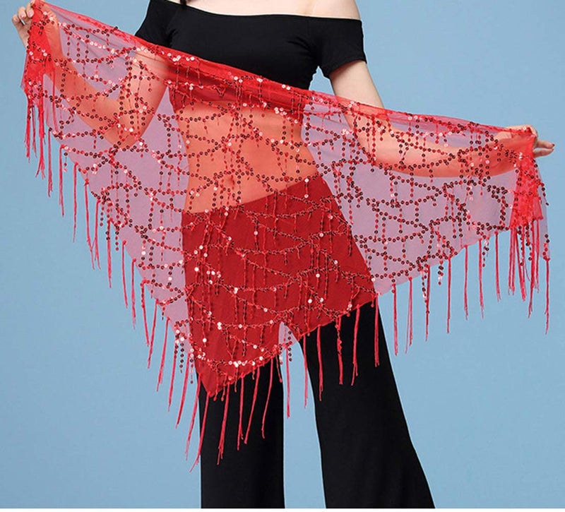 Lauthen.S Women Belly Dance Hip Scarf, Sequin Tassels Triangle Tribal Wrap Skirt Waist Chain Red - Image 2